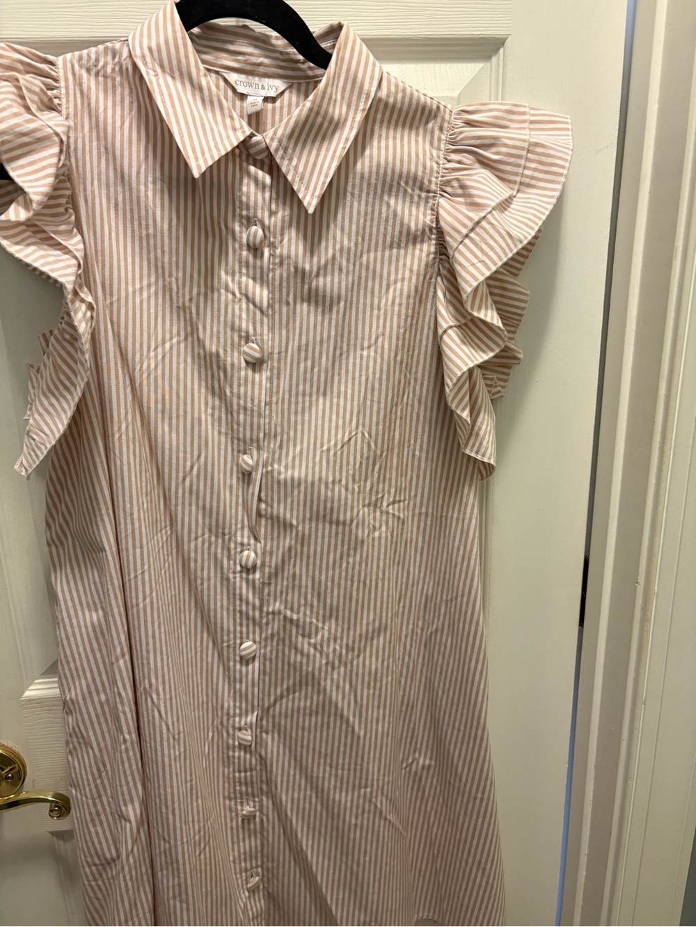crown & ivy Beige and White Striped Button-Down Dress